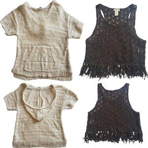 Forever 21 Knitted Crochet Hoodie Shirt & Fringe Tank SZ 11-12 Black Cream
